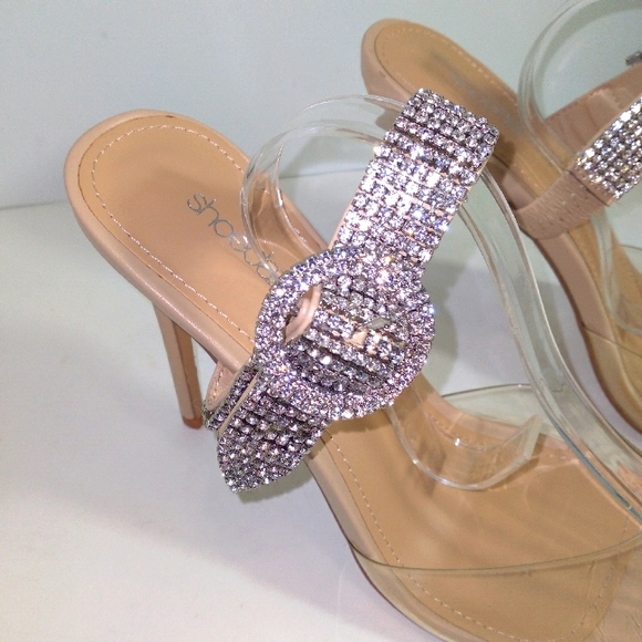 Rhinestone Buckle Strap Nude & Clear Slide On Heels Women's Size 10- NWOT - Picture 4 of 10